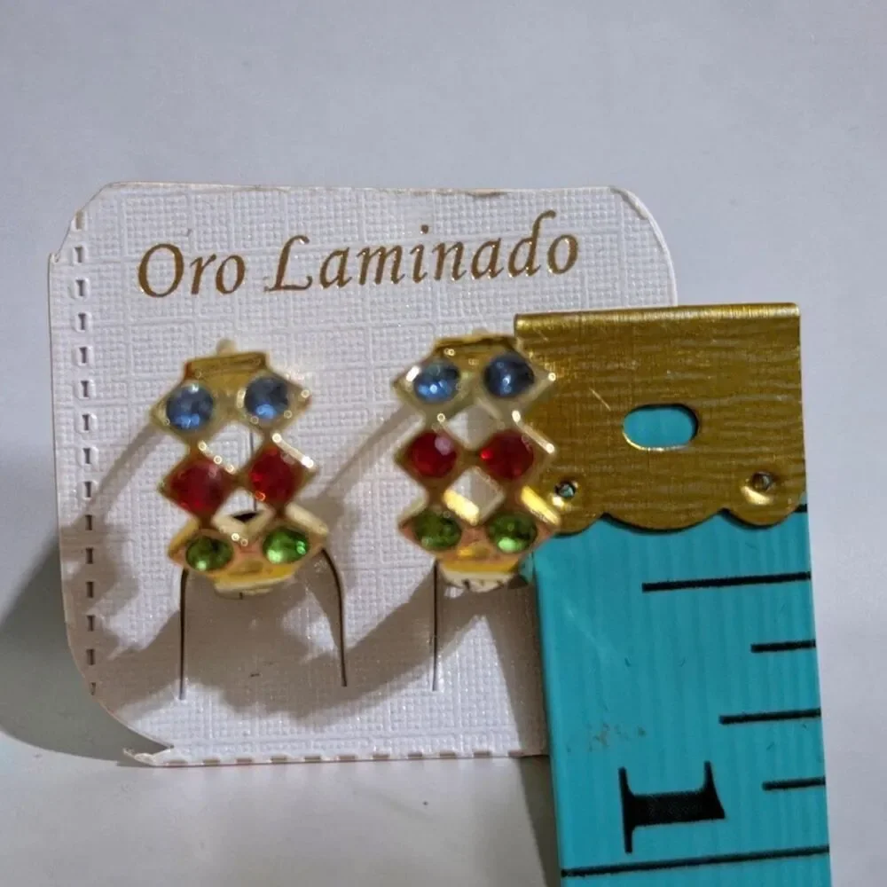 Oro Laminado Gold Plated Multicolor Rhinestone Huggie Hoop Earrings, Clip On